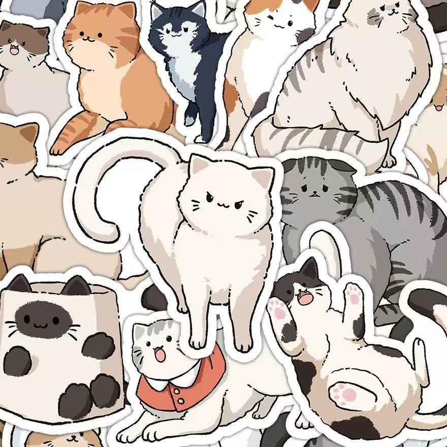 Happy Little Cats 60-Piece Sticker Pack | Cute Characters, DIY Crafting, Journal, Laptop, Water Bottle, Scrapbooking, Reusable, Waterproof PVC