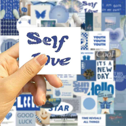Blue Background 50-Piece Sticker Pack | Non-Repeating Designs, DIY Crafting, Journal, Laptop, Water Bottle, Scrapbooking, Reusable, Waterproof PVC