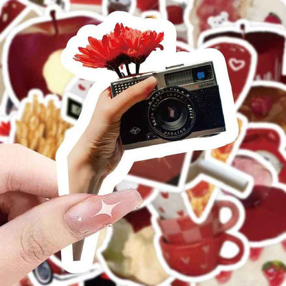 Retro Red 50-Piece Sticker Pack | Non-Repeating Designs, DIY Crafting, Journal, Laptop, Water Bottle, Scrapbooking, Reusable, Waterproof PVC