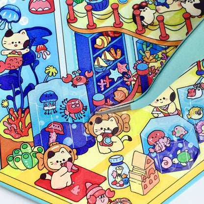 Cute Animals Visit the Museum – 3D Miniature Scene Stickers (Flip-Open Plus Size) – 4 Theme Sets: Dog Opera House | Cat Aquarium | Cat Art Museum | Sheep Sanxingdui Museum