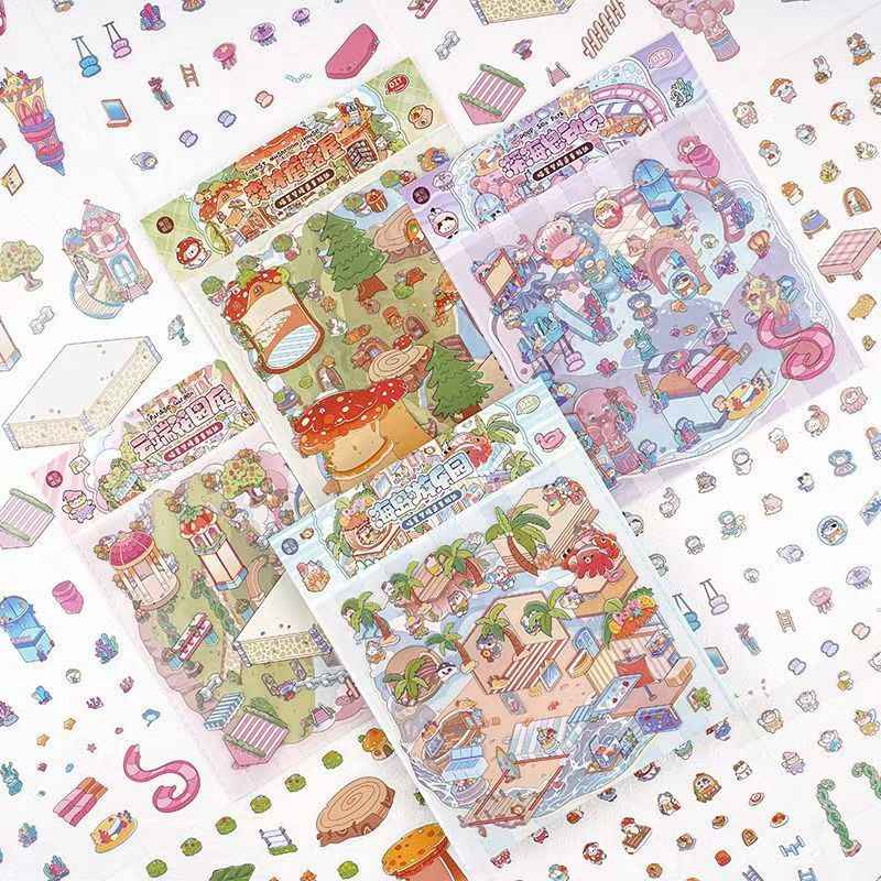 Cat's World Tour – 3D Miniature Sticker Scenes - 4 Theme Sets: Cloud Garden | Island Amusement Park | Forest Mushroom House | Underwater Paradise