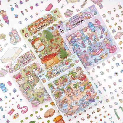Cat's World Tour – 3D Miniature Sticker Scenes - 4 Theme Sets: Cloud Garden | Island Amusement Park | Forest Mushroom House | Underwater Paradise