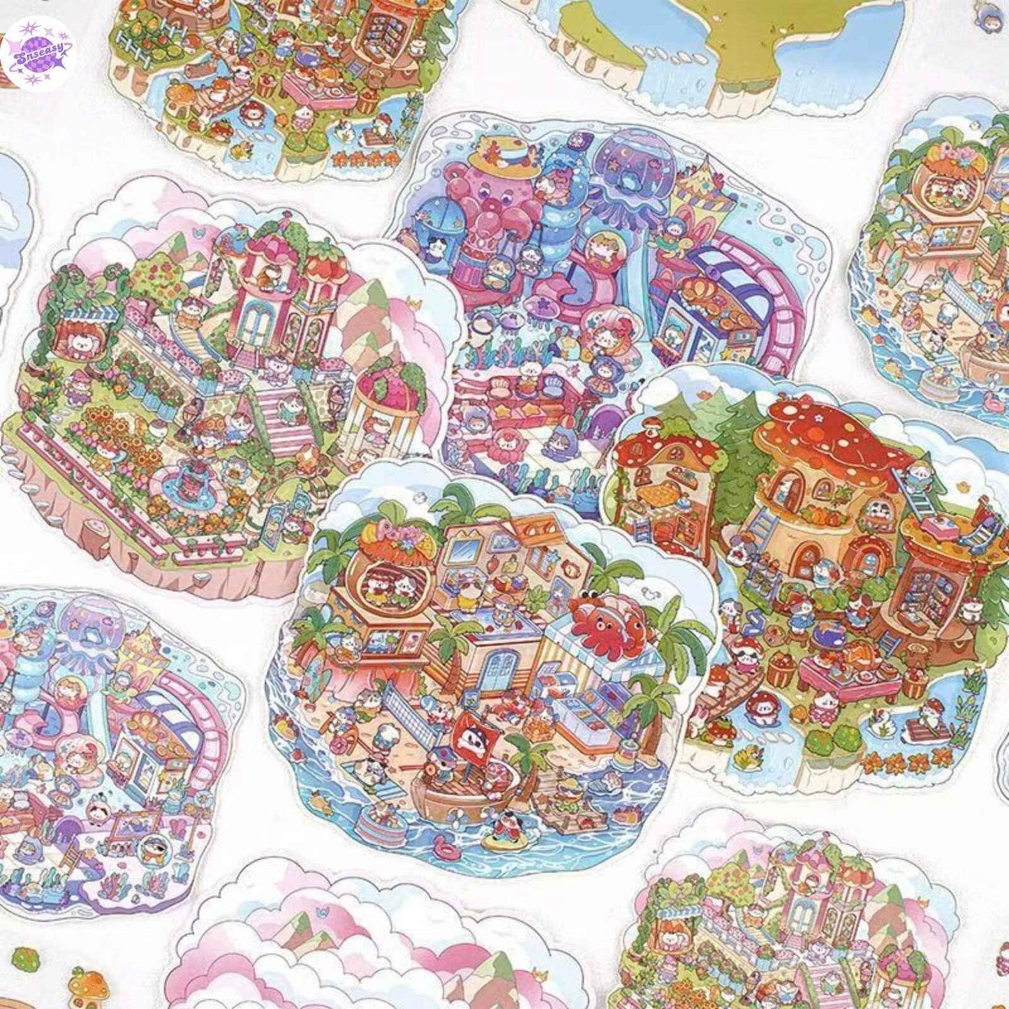 Cat's World Tour – 3D Miniature Sticker Scenes - 4 Theme Sets: Cloud Garden | Island Amusement Park | Forest Mushroom House | Underwater Paradise