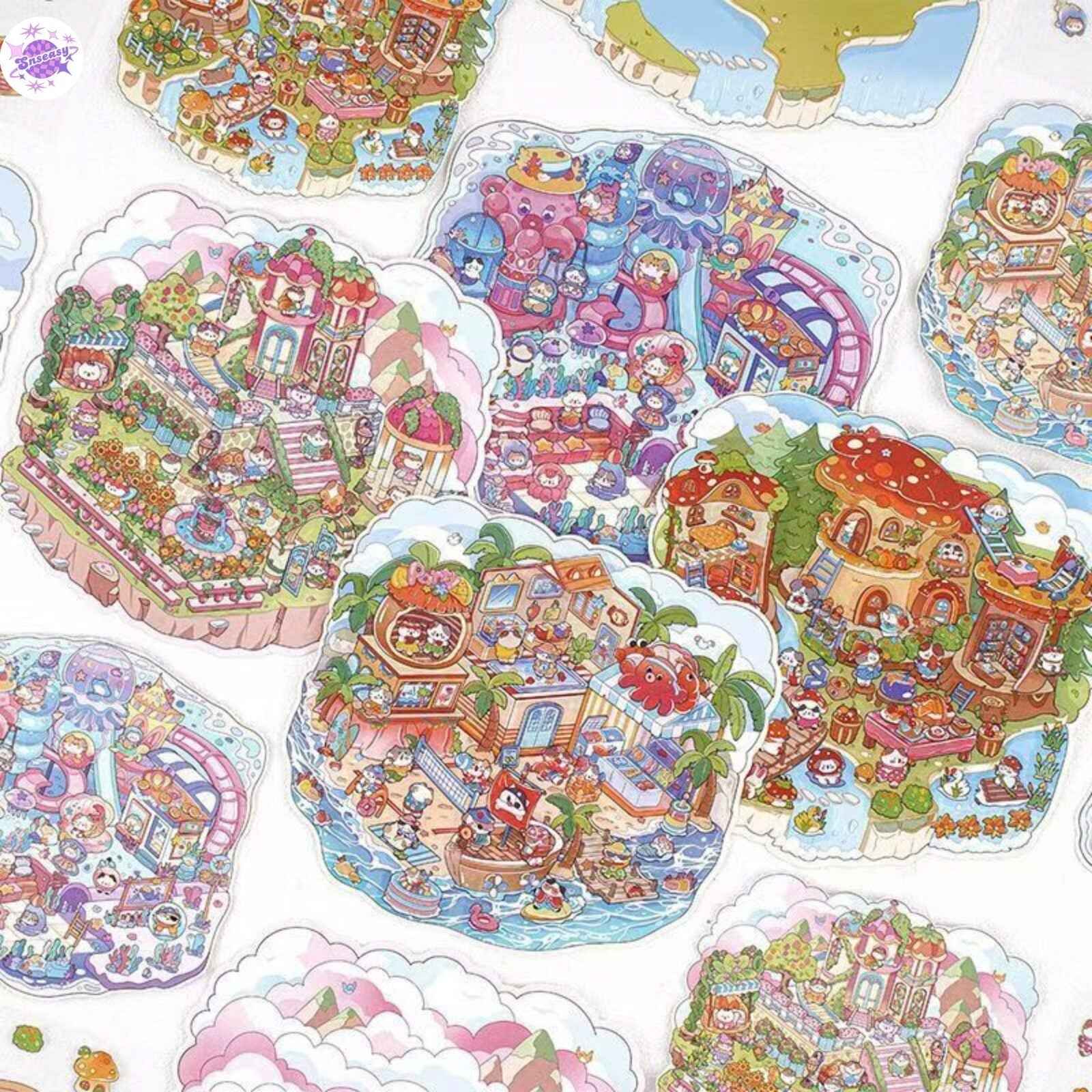 Cat's World Tour – 3D Miniature Sticker Scenes - 4 Theme Sets: Cloud Garden | Island Amusement Park | Forest Mushroom House | Underwater Paradise