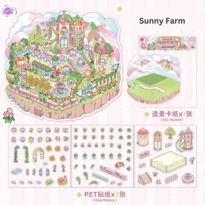 Cat's World Tour – 3D Miniature Sticker Scenes - 4 Theme Sets: Cloud Garden | Island Amusement Park | Forest Mushroom House | Underwater Paradise