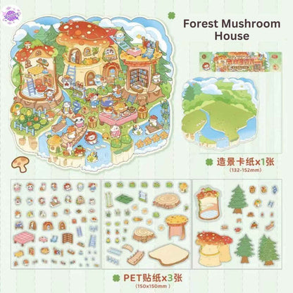 Cat's World Tour – 3D Miniature Sticker Scenes - 4 Theme Sets: Cloud Garden | Island Amusement Park | Forest Mushroom House | Underwater Paradise