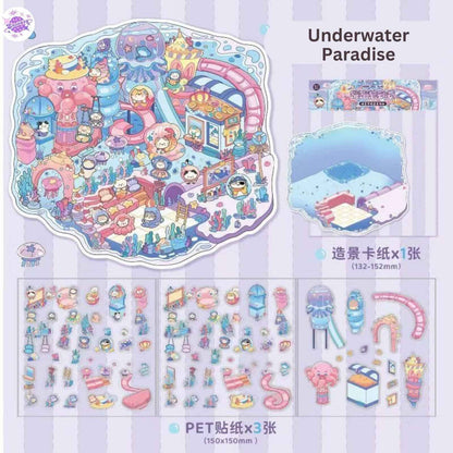 Cat's World Tour – 3D Miniature Sticker Scenes - 4 Theme Sets: Cloud Garden | Island Amusement Park | Forest Mushroom House | Underwater Paradise