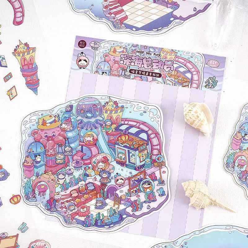 Cat's World Tour – 3D Miniature Sticker Scenes - 4 Theme Sets: Cloud Garden | Island Amusement Park | Forest Mushroom House | Underwater Paradise