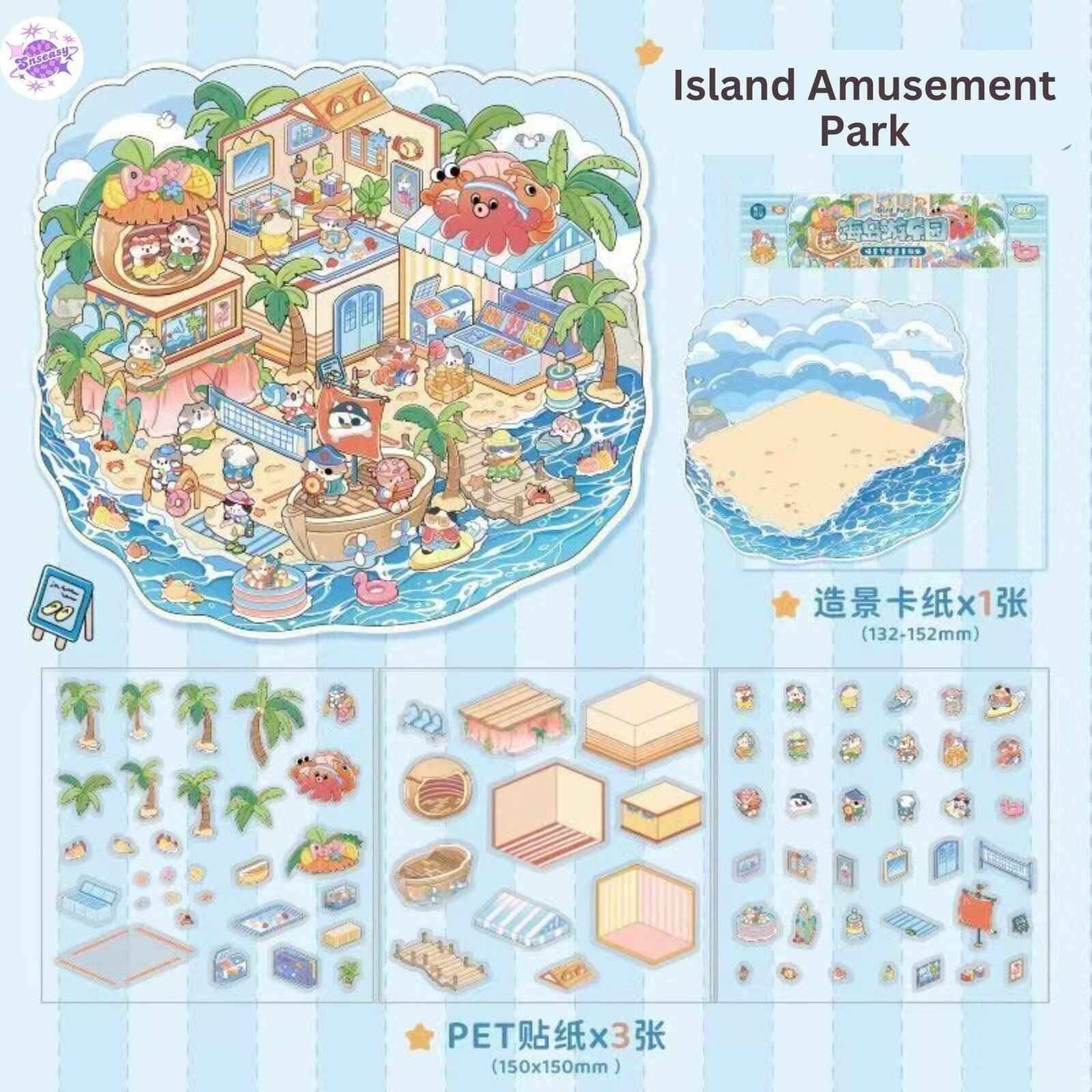 Cat's World Tour – 3D Miniature Sticker Scenes - 4 Theme Sets: Cloud Garden | Island Amusement Park | Forest Mushroom House | Underwater Paradise