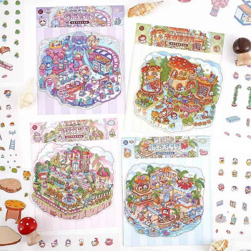 Cat's World Tour – 3D Miniature Sticker Scenes - 4 Theme Sets: Cloud Garden | Island Amusement Park | Forest Mushroom House | Underwater Paradise