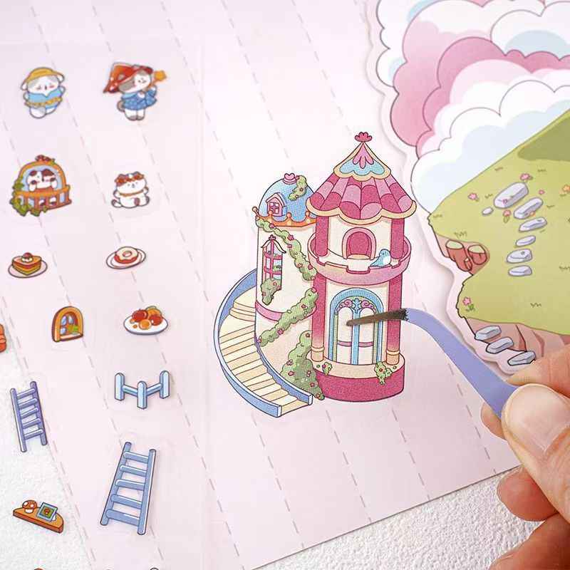 Cat's World Tour – 3D Miniature Sticker Scenes - 4 Theme Sets: Cloud Garden | Island Amusement Park | Forest Mushroom House | Underwater Paradise