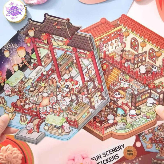 Chinese Happy Spring Festival – Plus 3D Miniature Sticker Scenes - 2 Theme Sets: Fuman Market | Zhenwei Hot Pot