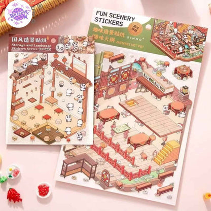 Chinese Happy Spring Festival – Plus 3D Miniature Sticker Scenes - 2 Theme Sets: Fuman Market | Zhenwei Hot Pot