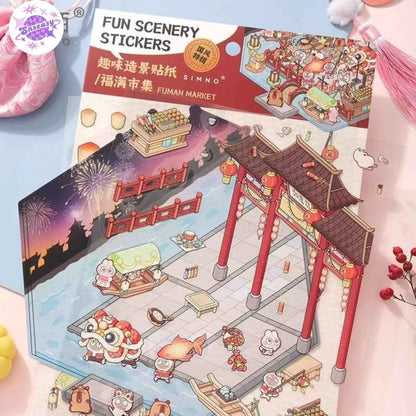 Chinese Happy Spring Festival – Plus 3D Miniature Sticker Scenes - 2 Theme Sets: Fuman Market | Zhenwei Hot Pot