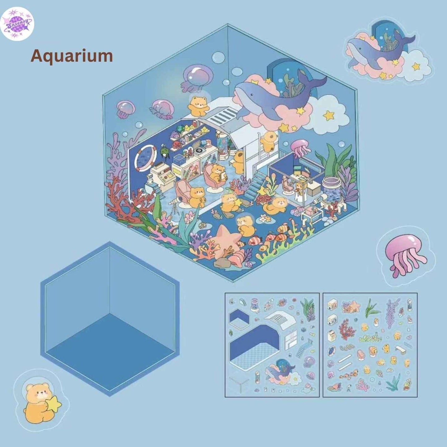 Cute Animals 9.0 – 3D Miniature Sticker Scenes - 4 Theme Sets: Magic Study | Arcade Hut | Aquarium | Hot Pot Restaurant