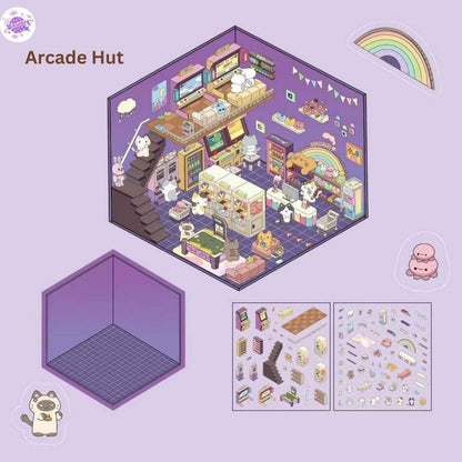 Cute Animals 9.0 – 3D Miniature Sticker Scenes - 4 Theme Sets: Magic Study | Arcade Hut | Aquarium | Hot Pot Restaurant