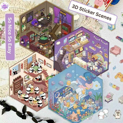 Cute Animals 9.0 – 3D Miniature Sticker Scenes - 4 Theme Sets: Magic Study | Arcade Hut | Aquarium | Hot Pot Restaurant
