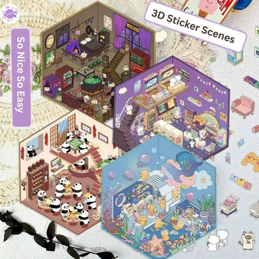 Cute Animals 9.0 – 3D Miniature Sticker Scenes - 4 Theme Sets: Magic Study | Arcade Hut | Aquarium | Hot Pot Restaurant