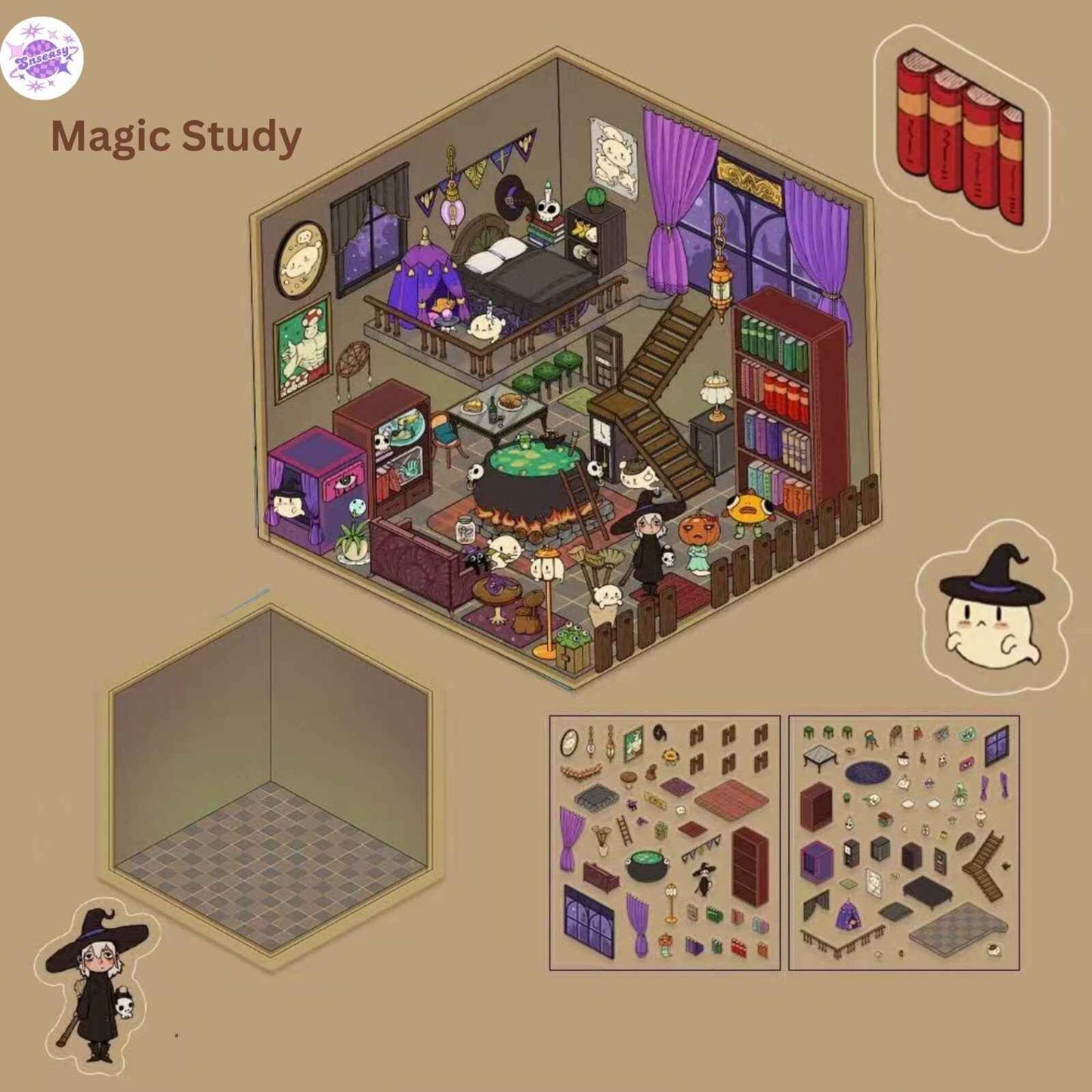 Cute Animals 9.0 – 3D Miniature Sticker Scenes - 4 Theme Sets: Magic Study | Arcade Hut | Aquarium | Hot Pot Restaurant