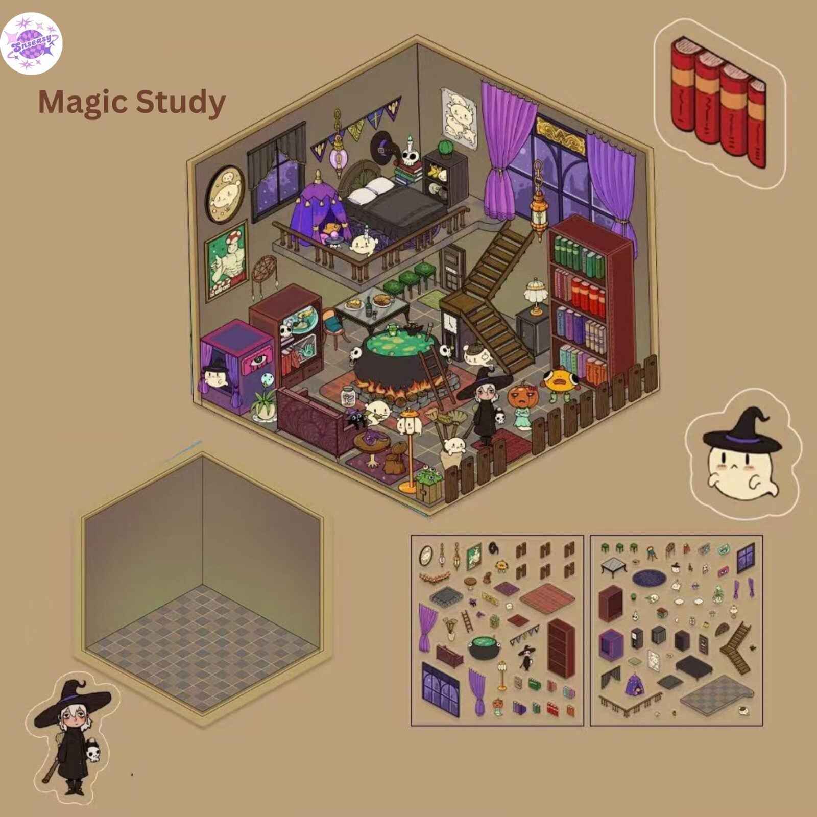 Cute Animals 9.0 – 3D Miniature Sticker Scenes - 4 Theme Sets: Magic Study | Arcade Hut | Aquarium | Hot Pot Restaurant