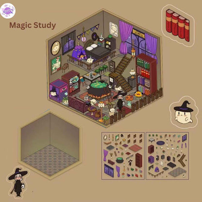 Cute Animals 9.0 – 3D Miniature Sticker Scenes - 4 Theme Sets: Magic Study | Arcade Hut | Aquarium | Hot Pot Restaurant