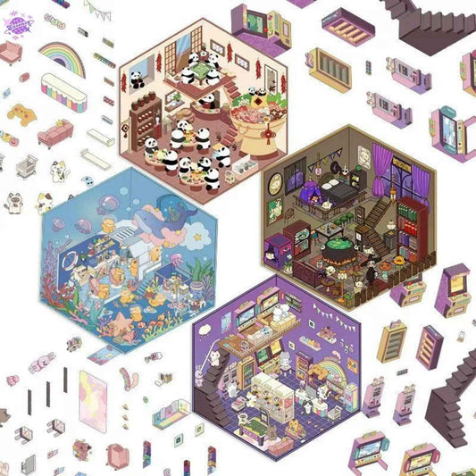 Cute Animals 9.0 – 3D Miniature Sticker Scenes - 4 Theme Sets: Magic Study | Arcade Hut | Aquarium | Hot Pot Restaurant