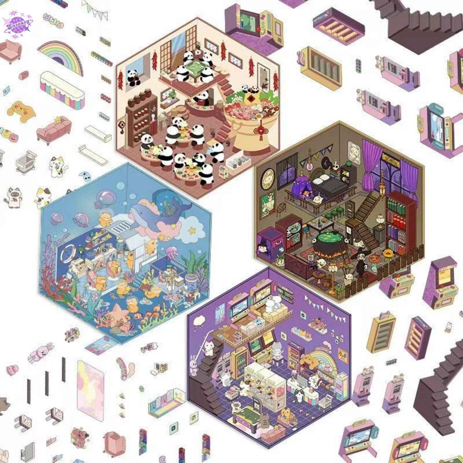 Cute Animals 9.0 – 3D Miniature Sticker Scenes - 4 Theme Sets: Magic Study | Arcade Hut | Aquarium | Hot Pot Restaurant
