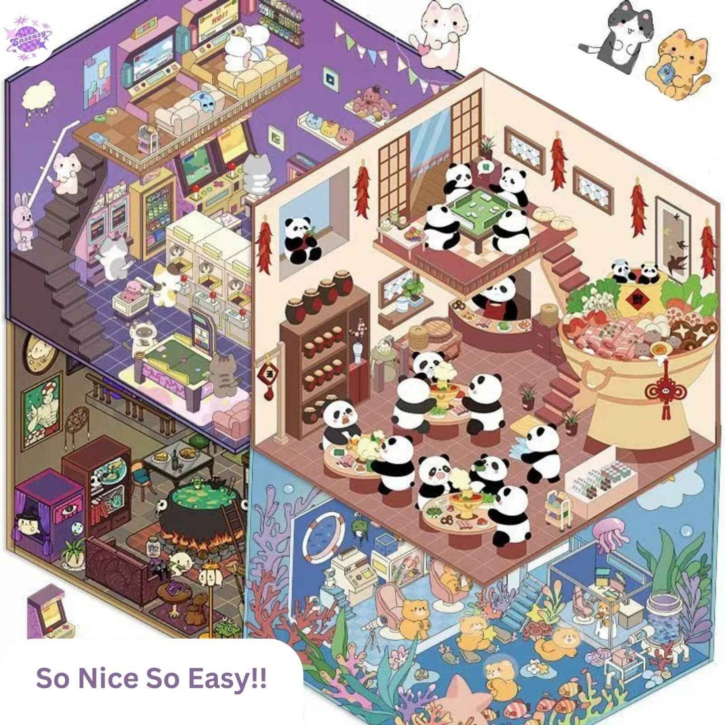 Cute Animals 9.0 – 3D Miniature Sticker Scenes - 4 Theme Sets: Magic Study | Arcade Hut | Aquarium | Hot Pot Restaurant