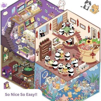 Cute Animals 9.0 – 3D Miniature Sticker Scenes - 4 Theme Sets: Magic Study | Arcade Hut | Aquarium | Hot Pot Restaurant