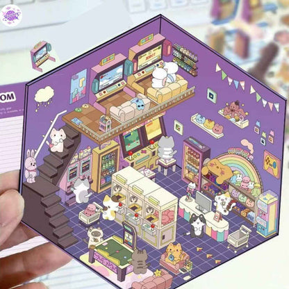Cute Animals 9.0 – 3D Miniature Sticker Scenes - 4 Theme Sets: Magic Study | Arcade Hut | Aquarium | Hot Pot Restaurant