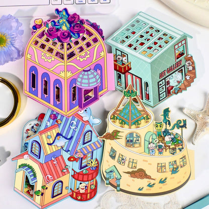 Cute Animals Visit the Museum – 3D Miniature Scene Stickers (Flip-Open Plus Size) – 4 Theme Sets: Dog Opera House | Cat Aquarium | Cat Art Museum | Sheep Sanxingdui Museum