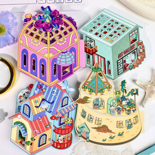 Cute Animals Visit the Museum – 3D Miniature Scene Stickers (Flip-Open Plus Size) – 4 Theme Sets: Dog Opera House | Cat Aquarium | Cat Art Museum | Sheep Sanxingdui Museum
