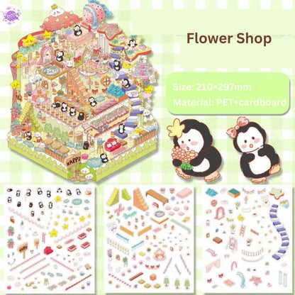 Cute Animals 10.0 – 3-Floor Building-3D Miniature Sticker Scenes - 4 Theme Sets: Underwater Library | Magic House | Dream Castle | Flower Shop