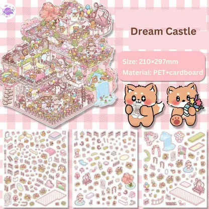 Cute Animals 10.0 – 3-Floor Building-3D Miniature Sticker Scenes - 4 Theme Sets: Underwater Library | Magic House | Dream Castle | Flower Shop