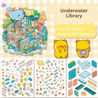 Cute Animals 10.0 – 3-Floor Building-3D Miniature Sticker Scenes - 4 Theme Sets: Underwater Library | Magic House | Dream Castle | Flower Shop