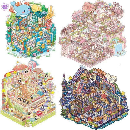 Cute Animals 10.0 – 3-Floor Building-3D Miniature Sticker Scenes - 4 Theme Sets: Underwater Library | Magic House | Dream Castle | Flower Shop