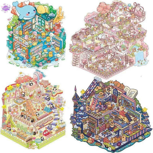 Cute Animals 10.0 – 3-Floor Building-3D Miniature Sticker Scenes - 4 Theme Sets: Underwater Library | Magic House | Dream Castle | Flower Shop