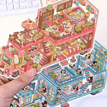 Animal RV – 3D Miniature Sticker Scenes - 4 Theme Sets: Shiba Inu Snack RV | Capybara Forest RV | Penguin Snowy RV | Puppy Pink RV
