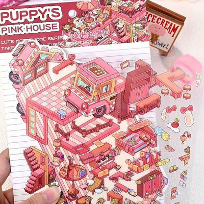 Animal RV – 3D Miniature Sticker Scenes - 4 Theme Sets: Shiba Inu Snack RV | Capybara Forest RV | Penguin Snowy RV | Puppy Pink RV