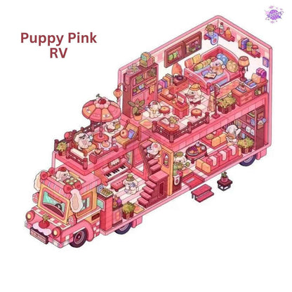 Animal RV – 3D Miniature Sticker Scenes - 4 Theme Sets: Shiba Inu Snack RV | Capybara Forest RV | Penguin Snowy RV | Puppy Pink RV