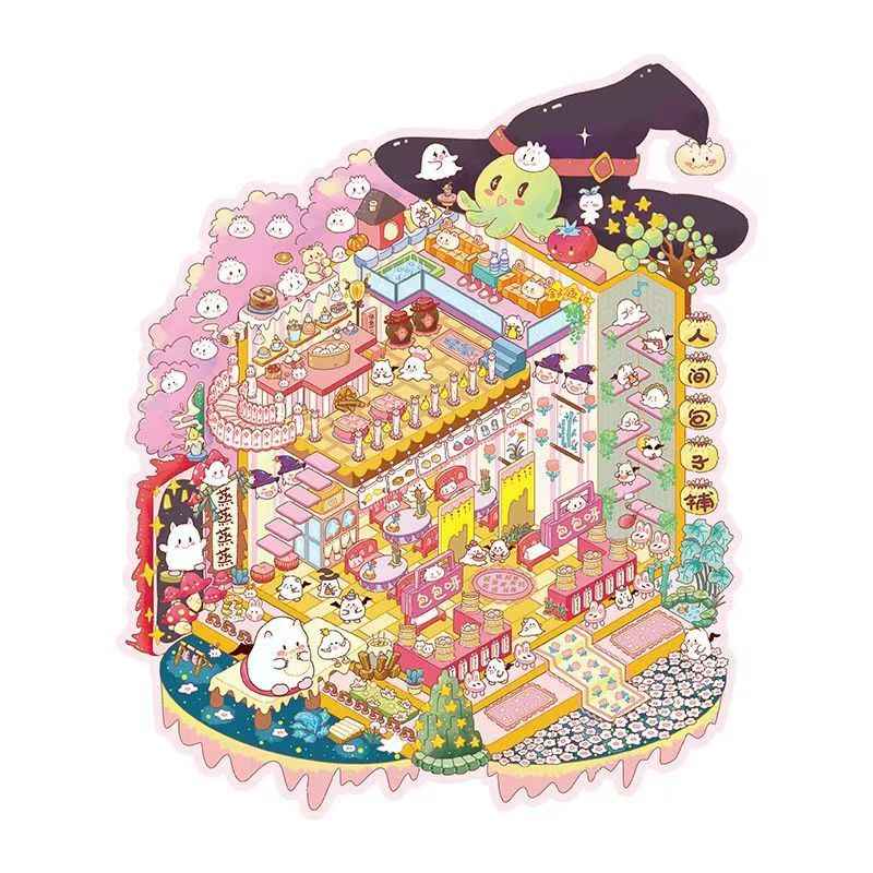 Miniature Business Shop – Plus 3D Miniature Scenes Sticker - 6 Theme Sets: Dumpling Shop | Fruit Store | Cozy Cottage | Doll Party | Seafood Restaurant | Milk Tea Shop