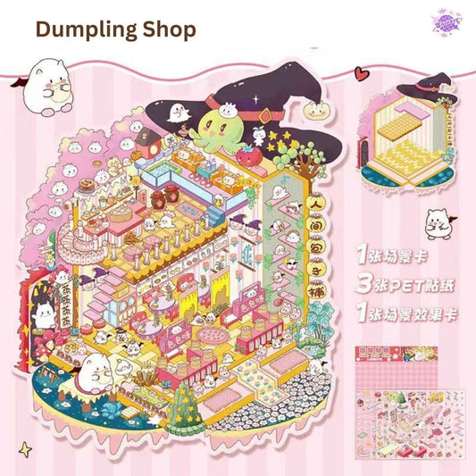 Miniature Business Shop – Plus 3D Miniature Scenes Sticker - 6 Theme Sets: Dumpling Shop | Fruit Store | Cozy Cottage | Doll Party | Seafood Restaurant | Milk Tea Shop