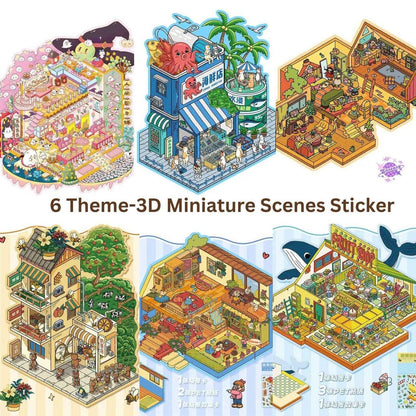 Miniature Business Shop – Plus 3D Miniature Scenes Sticker - 6 Theme Sets: Dumpling Shop | Fruit Store | Cozy Cottage | Doll Party | Seafood Restaurant | Milk Tea Shop