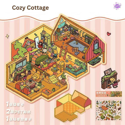 Miniature Business Shop – Plus 3D Miniature Scenes Sticker - 6 Theme Sets: Dumpling Shop | Fruit Store | Cozy Cottage | Doll Party | Seafood Restaurant | Milk Tea Shop