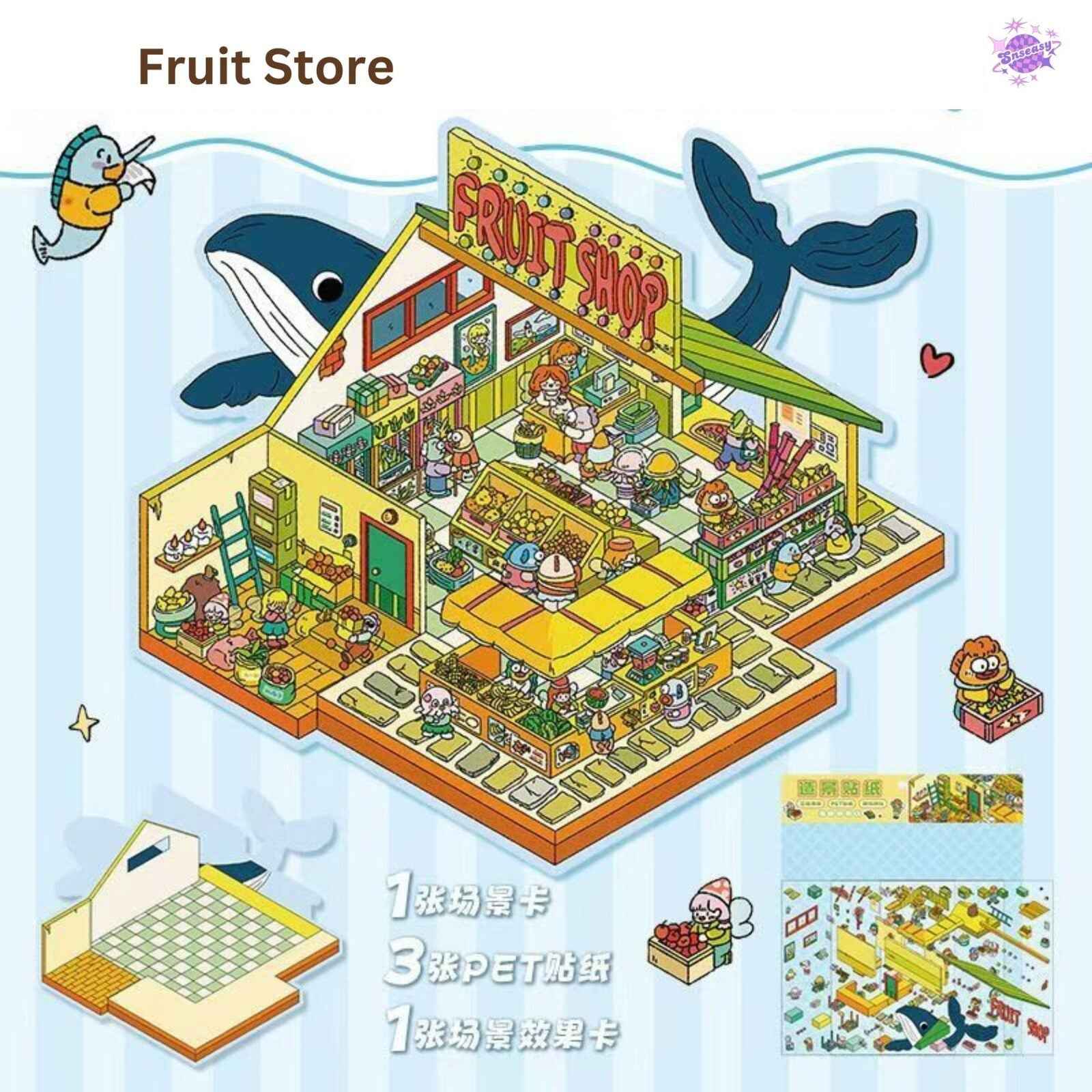 Miniature Business Shop – Plus 3D Miniature Scenes Sticker - 6 Theme Sets: Dumpling Shop | Fruit Store | Cozy Cottage | Doll Party | Seafood Restaurant | Milk Tea Shop