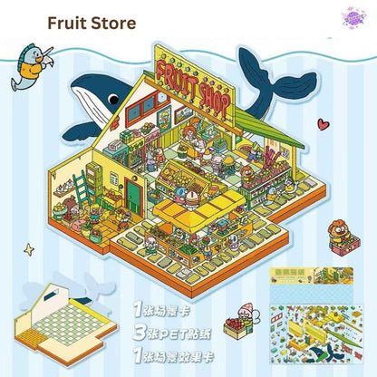 Miniature Business Shop – Plus 3D Miniature Scenes Sticker - 6 Theme Sets: Dumpling Shop | Fruit Store | Cozy Cottage | Doll Party | Seafood Restaurant | Milk Tea Shop