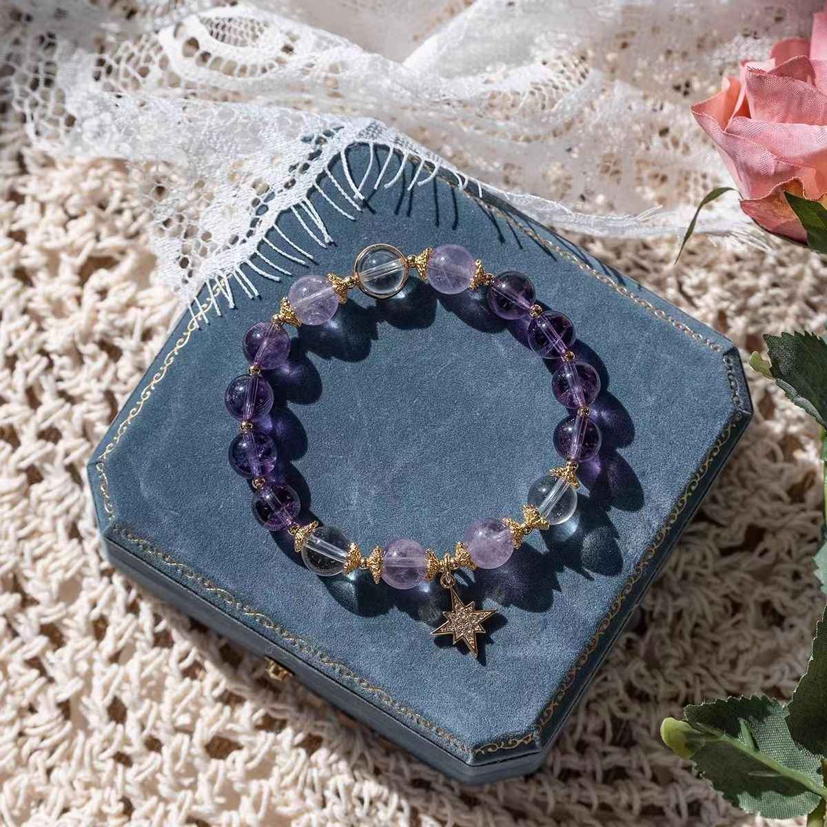 Amethyst Natural Crystal Bracelet with Star - Handcrafted Gemstone Jewelry for Success & Spiritual Growth