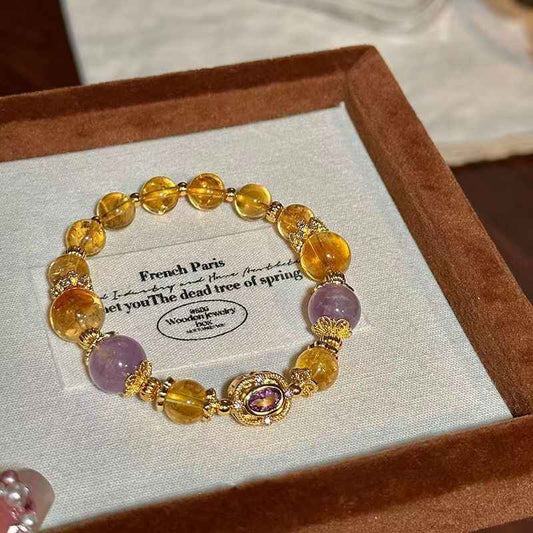 Citrine + Amethyst Natural Crystal Bracelet - Handcrafted Gemstone Jewelry for Prosperity & Happy Birthdays
