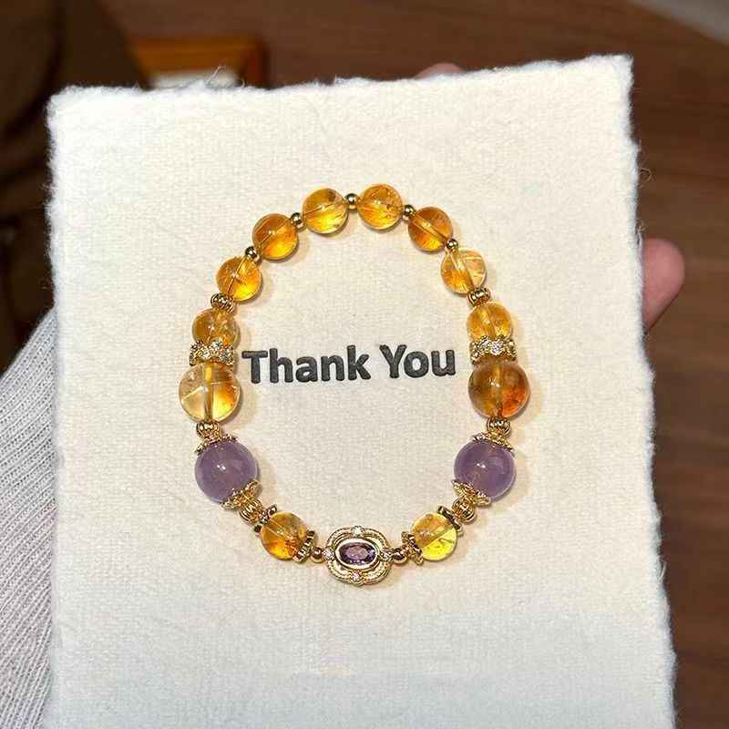 Citrine + Amethyst Natural Crystal Bracelet - Handcrafted Gemstone Jewelry for Prosperity & Happy Birthdays