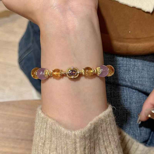 Citrine + Amethyst Natural Crystal Bracelet - Handcrafted Gemstone Jewelry for Prosperity & Happy Birthdays